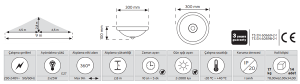 Na-de 00999 360° Hareket Sensörlü Tavan Armatürü NDA-001