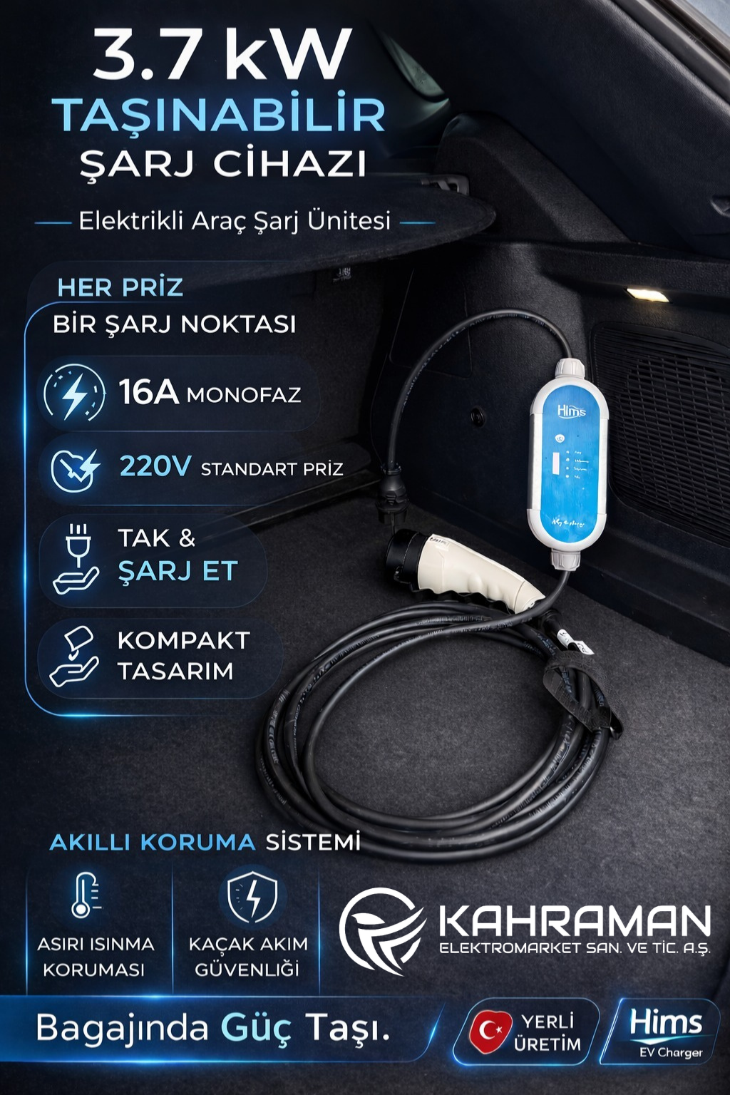 Hims HCTK-G-3 3.7kW Gümüş Taşınabilir Elektrikli Araç Şarj Cihazı