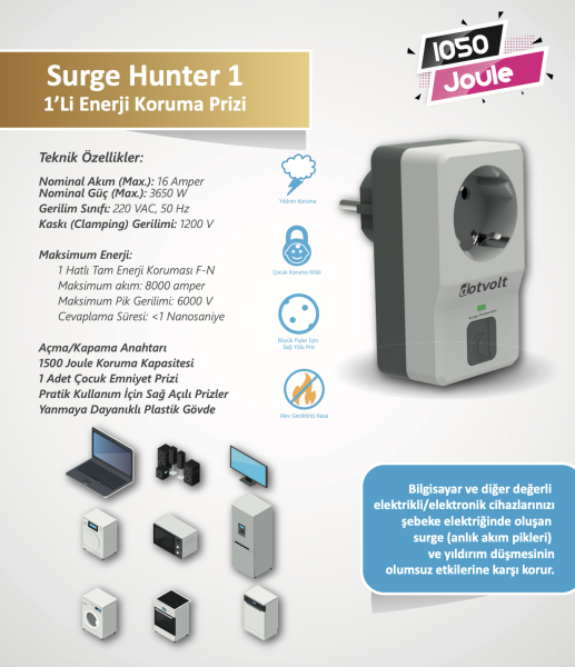 Dotvolt Tekli Akım Koruma Prizi Surge Hunter Serisi 1050 Joule