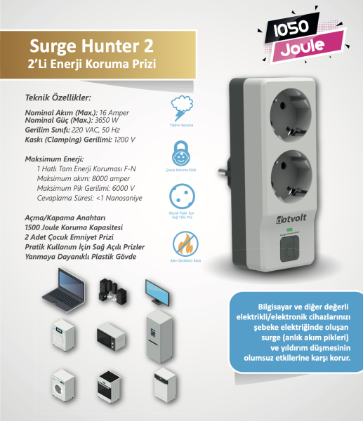 Dotvolt İkili Akım Koruma Prizi Surge Hunter Serisi 1050 Joule