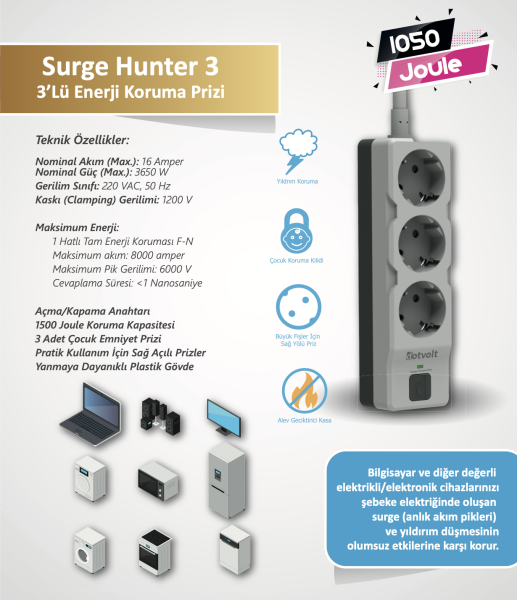 Dotvolt Üçlü Akım Koruma Prizi Surge Hunter Serisi 1050 Joule