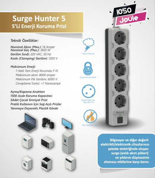 Dotvolt Beşli Akım Koruma Prizi Surge Hunter Serisi 1050 Joule