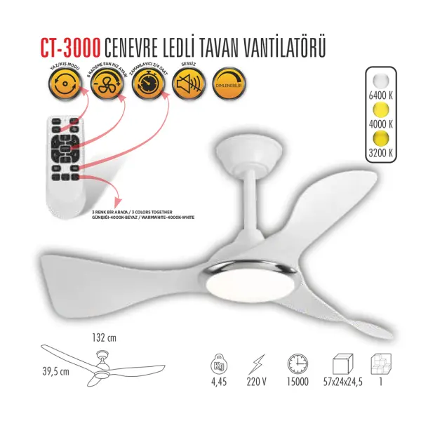 Cata Cenevre Ledli Tavan Vantilatörü CT-3000