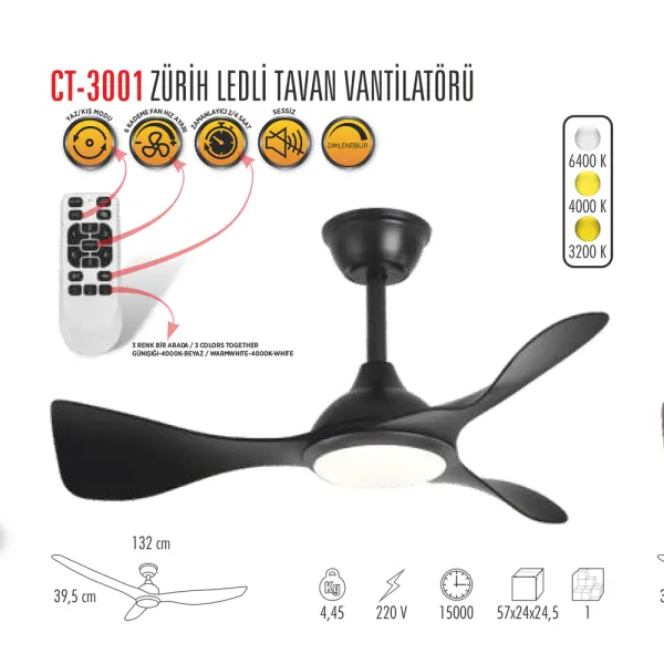 Cata Zurih Ledli Tavan Vantilatörü CT-3001