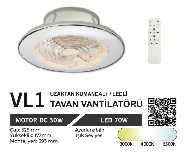 ORBUS VL1 Uzaktan Kumandalı Tavan Vantilatörü 3000K - 6500K Işık ve Ayarlanabilir Fan Seviyeli