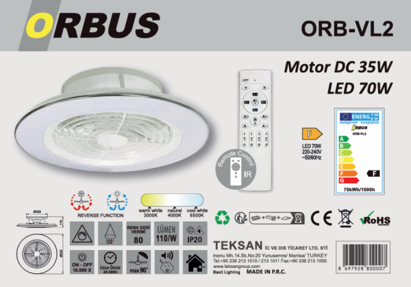 ORBUS VL2 Uzaktan Kumandalı Tavan Vantilatörü 3000K - 6500K Işık ve Ayarlanabilir Fan Seviyeli