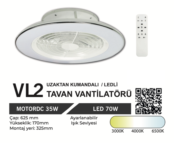 ORBUS VL2 Uzaktan Kumandalı Tavan Vantilatörü 3000K - 6500K Işık ve Ayarlanabilir Fan Seviyeli
