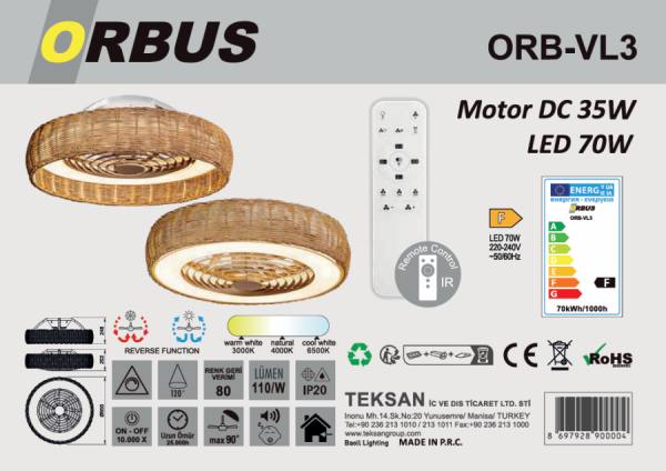 ORBUS VL3 Uzaktan Kumandalı Vantilatör 3000K - 6500K Işık ve Ayarlanabilir Fan Seviyeli