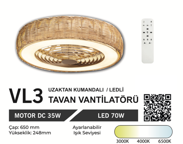 ORBUS VL3 Uzaktan Kumandalı Tavan Vantilatörü 3000K - 6500K Işık ve Ayarlanabilir Fan Seviyeli