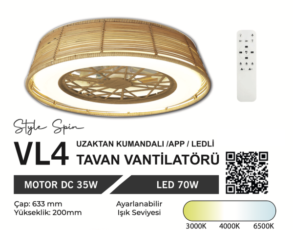 ORBUS VL4 Uzaktan Kumandalı Tavan Vantilatörü 3000K - 6500K Işık ve Ayarlanabilir Fan Seviyeli