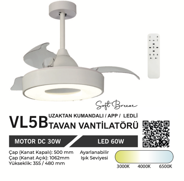 ORBUS VL5B Uzaktan Kumandalı Tavan Vantilatörü 3000K - 6500K Işık ve Ayarlanabilir Fan Seviyeli