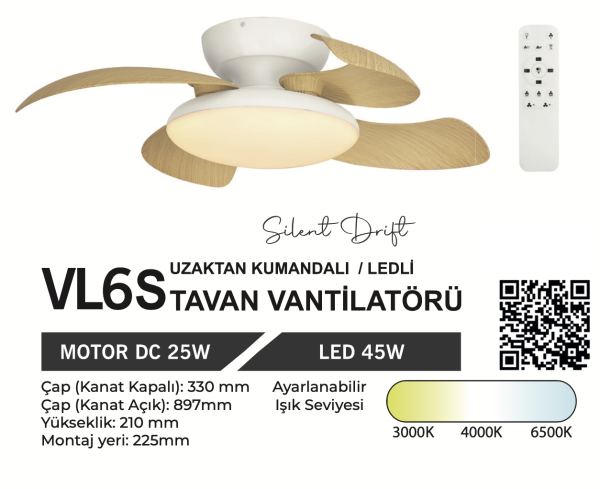ORBUS VL6S Uzaktan Kumandalı Tavan Vantilatörü 3000K - 6500K Işık ve Ayarlanabilir Fan Seviyeli