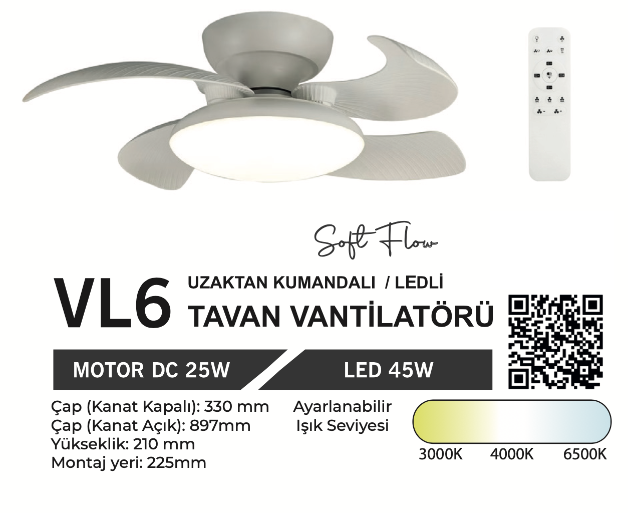 ORBUS VL6 Uzaktan Kumandalı Tavan Vantilatörü 3000K - 6500K Işık ve Ayarlanabilir Fan Seviyeli