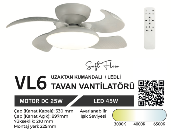 ORBUS VL6 Uzaktan Kumandalı Tavan Vantilatörü 3000K - 6500K Işık ve Ayarlanabilir Fan Seviyeli