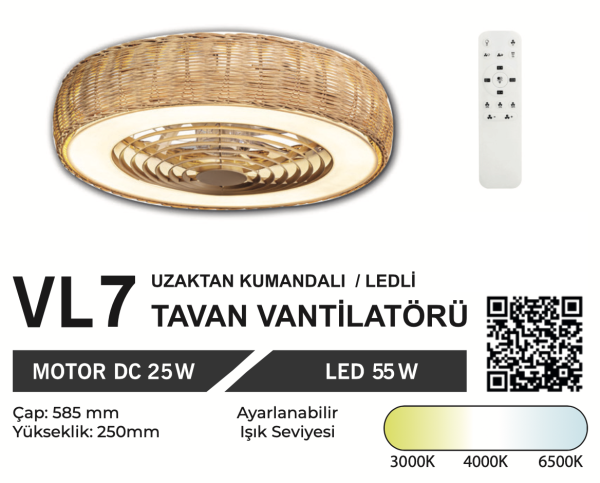 ORBUS VL7 Uzaktan Kumandalı Tavan Vantilatörü 3000K - 6500K Işık ve Ayarlanabilir Fan Seviyeli