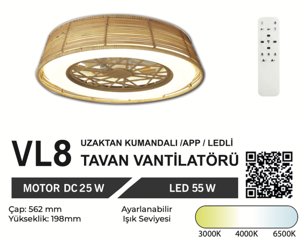 ORBUS VL8 Uzaktan Kumandalı Tavan Vantilatörü 3000K - 6500K Işık ve Ayarlanabilir Fan Seviyeli