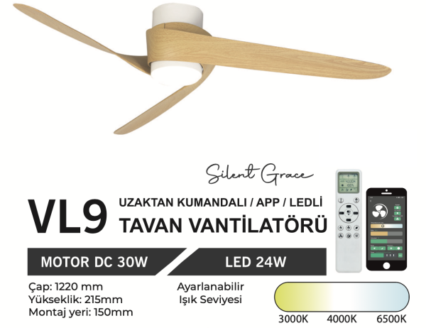 ORBUS VL9 Uzaktan Kumandalı Tavan Vantilatörü 3000K - 6500K Işık ve Ayarlanabilir Fan Seviyeli
