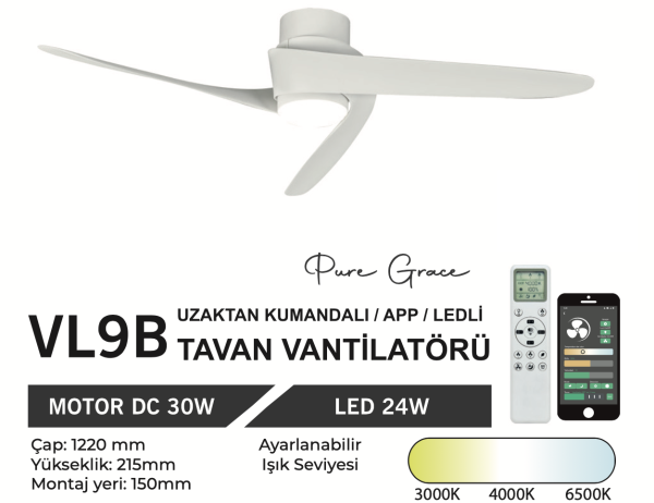 ORBUS VL9B Uzaktan Kumandalı Tavan Vantilatörü 3000K - 6500K Işık ve Ayarlanabilir Fan Seviyeli