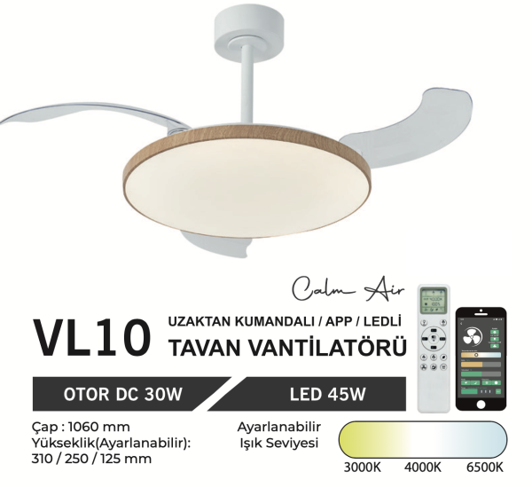 ORBUS VL10 Uzaktan Kumandalı Tavan Vantilatörü 3000K - 6500K Işık ve Ayarlanabilir Fan Seviyeli