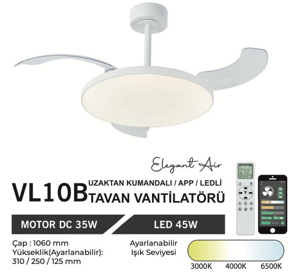 ORBUS VL10B Uzaktan Kumandalı Tavan Vantilatörü 3000K - 6500K Işık ve Ayarlanabilir Fan Seviyeli